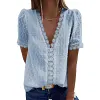 Women's Shirt Pure Color Jacquard V-neck Short Sleeves