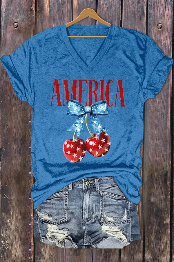 American Flag Cherry Print V-Neck T-Shirt