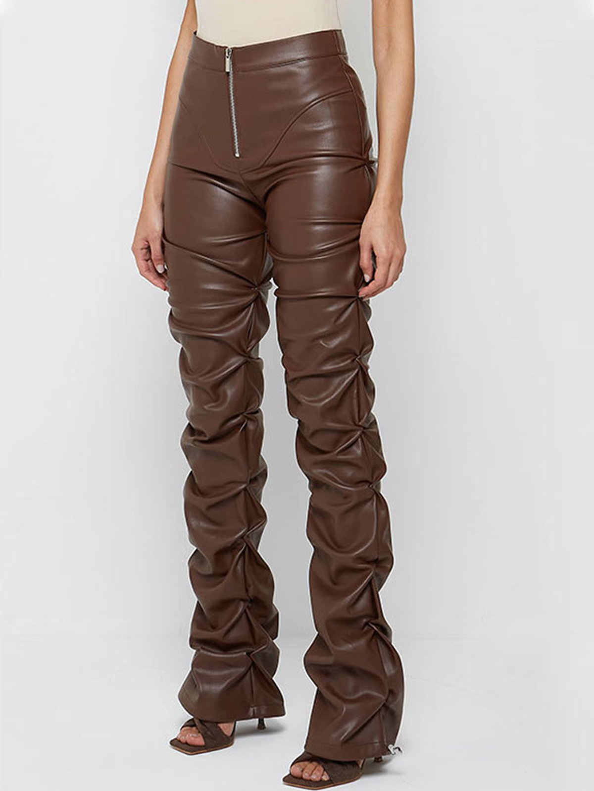 Fashion PU Leather High Rise Zipper Fold Bootcut Pants