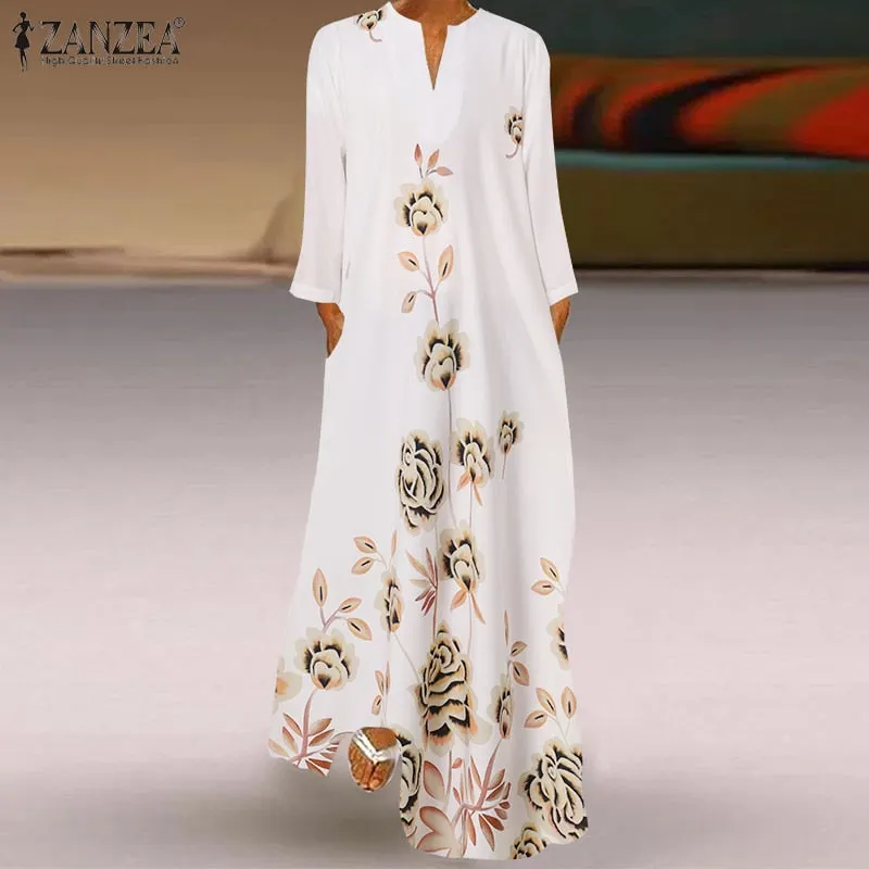 Spring Women's Sundress Bohemian Floral Long Dress ZANZEA 2022 Casual Long Sleeve Party Holiday Vestidos Kaftan Robe Dresses