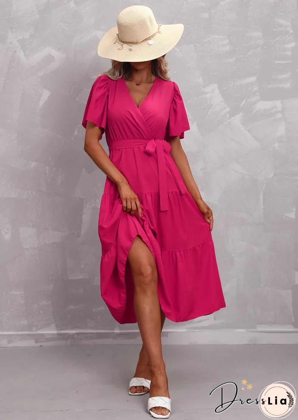 Elegant Womens Summer Dress & Casual Lace-Up Solid Color Neck High Waist Short Sleeve