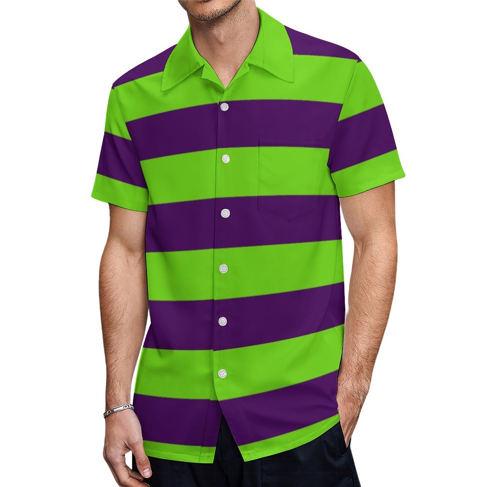 Green And Purple Halloween Stripes Hawaiian Shirt Mens Button Down Plus Size Tropical Hawaii Beach Shirts