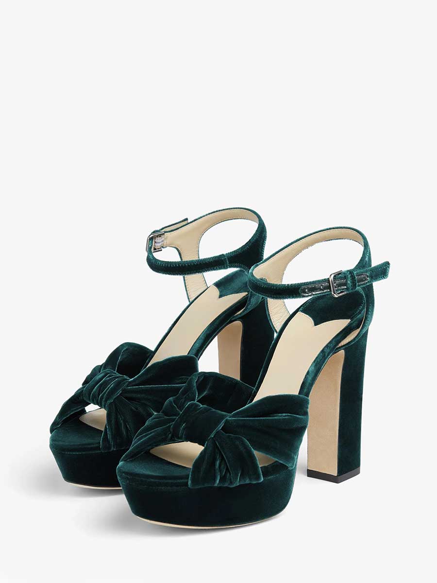 Green Velvet Knotted Chunky Heels Ankle Strap Platform Sandals