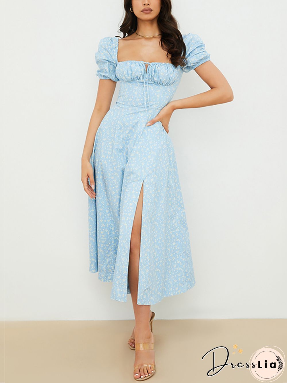 NewAsia Vintage Floral Dress Women Summer Square Collar Puff Sleeve Long Dress Sexy Off Shoulder Side Split A-line Dress