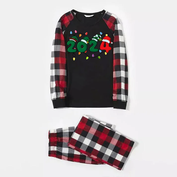 Christmas "2024" Letter Print Red & Black & Grey & White Plaid Family Matching Pajamas