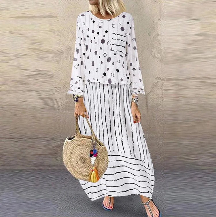 Large size polka dot fake two-piece suit cotton and linen dress