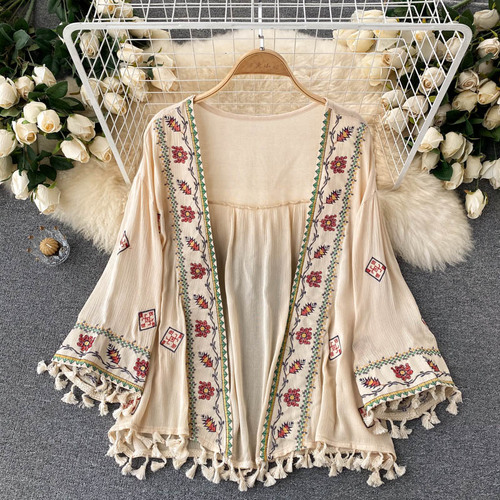 Ballifyex Sexy Boho Tassel Embroidery Sheer Loose Beach Cover Up Casual Cover-ups Vacation Beach Dress Beach Wear Beachwear Female Women