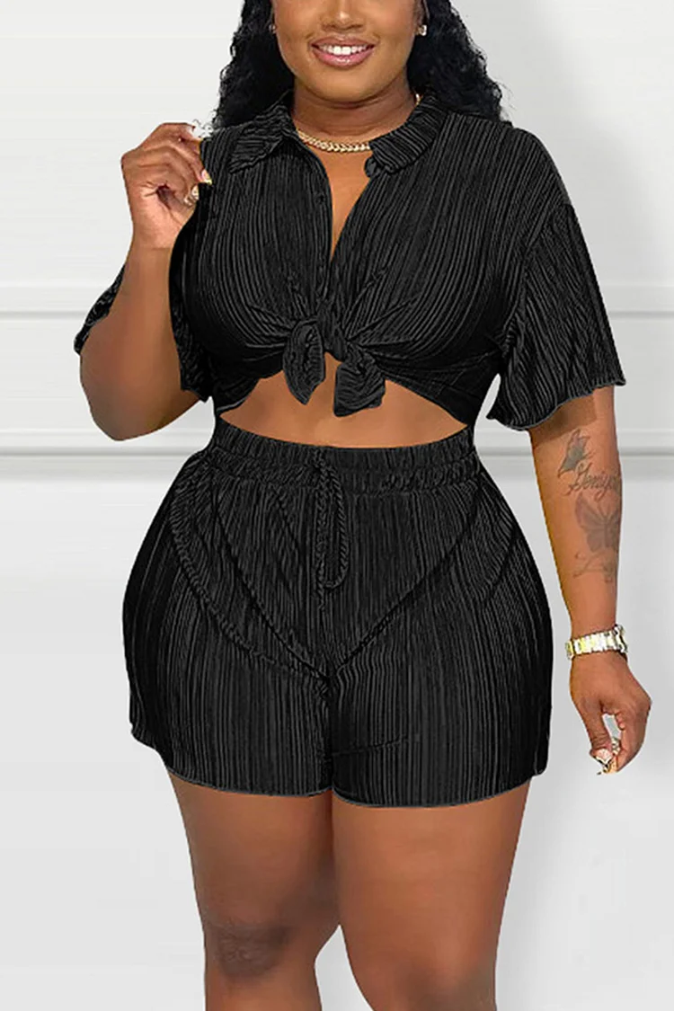 Plus Size Black Casual Pressed Short Sleeve Lapel Hight Waist Two Pieces Short Sets [Pre-Order]