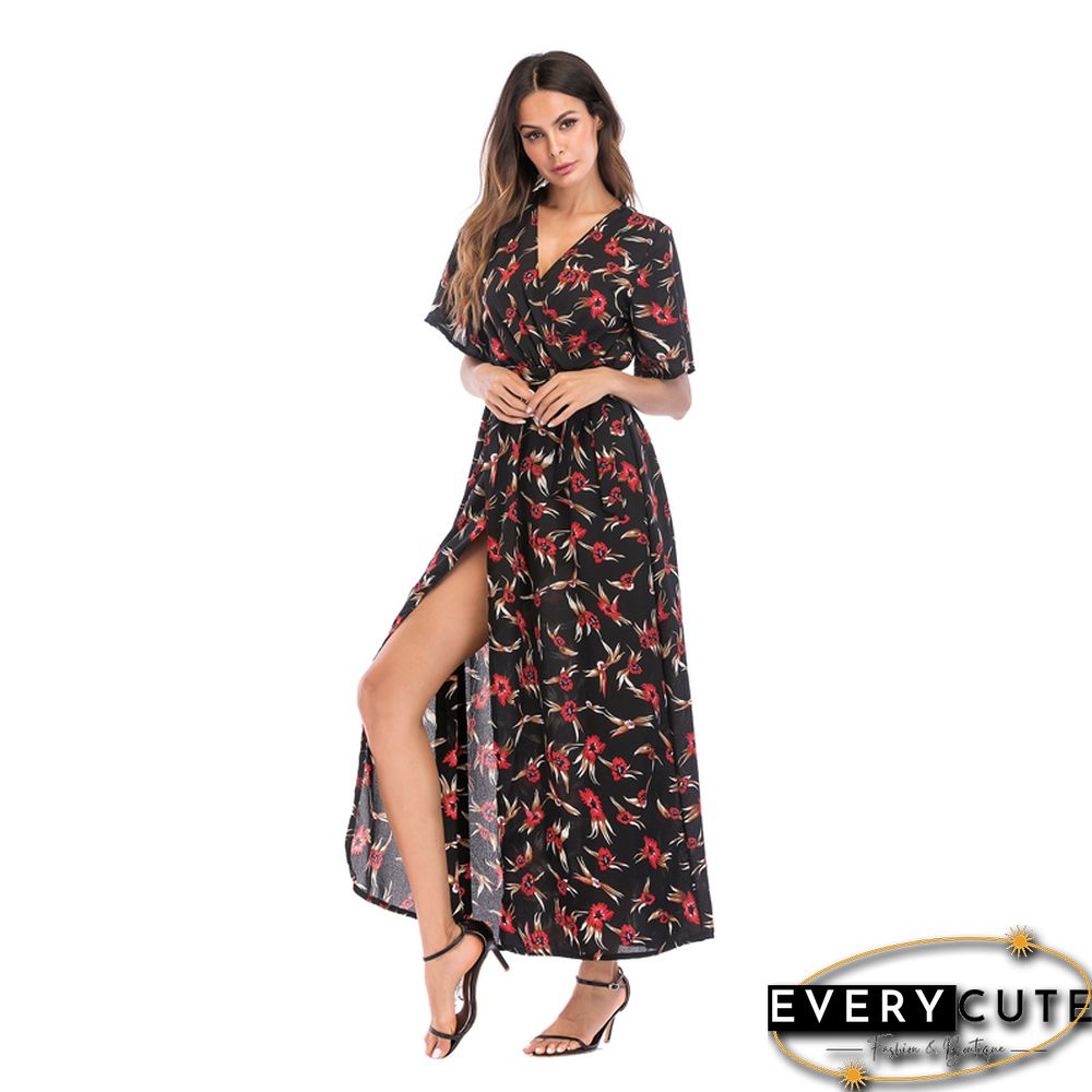 Rust Red Short Sleeve Foral Chiffon Boho Dress