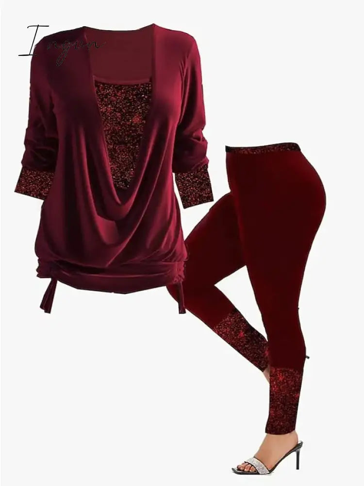 Ingvn - Women’s Shirt Pants Sets Black Burgundy Khaki Solid Color Sequins Long Sleeve Casual