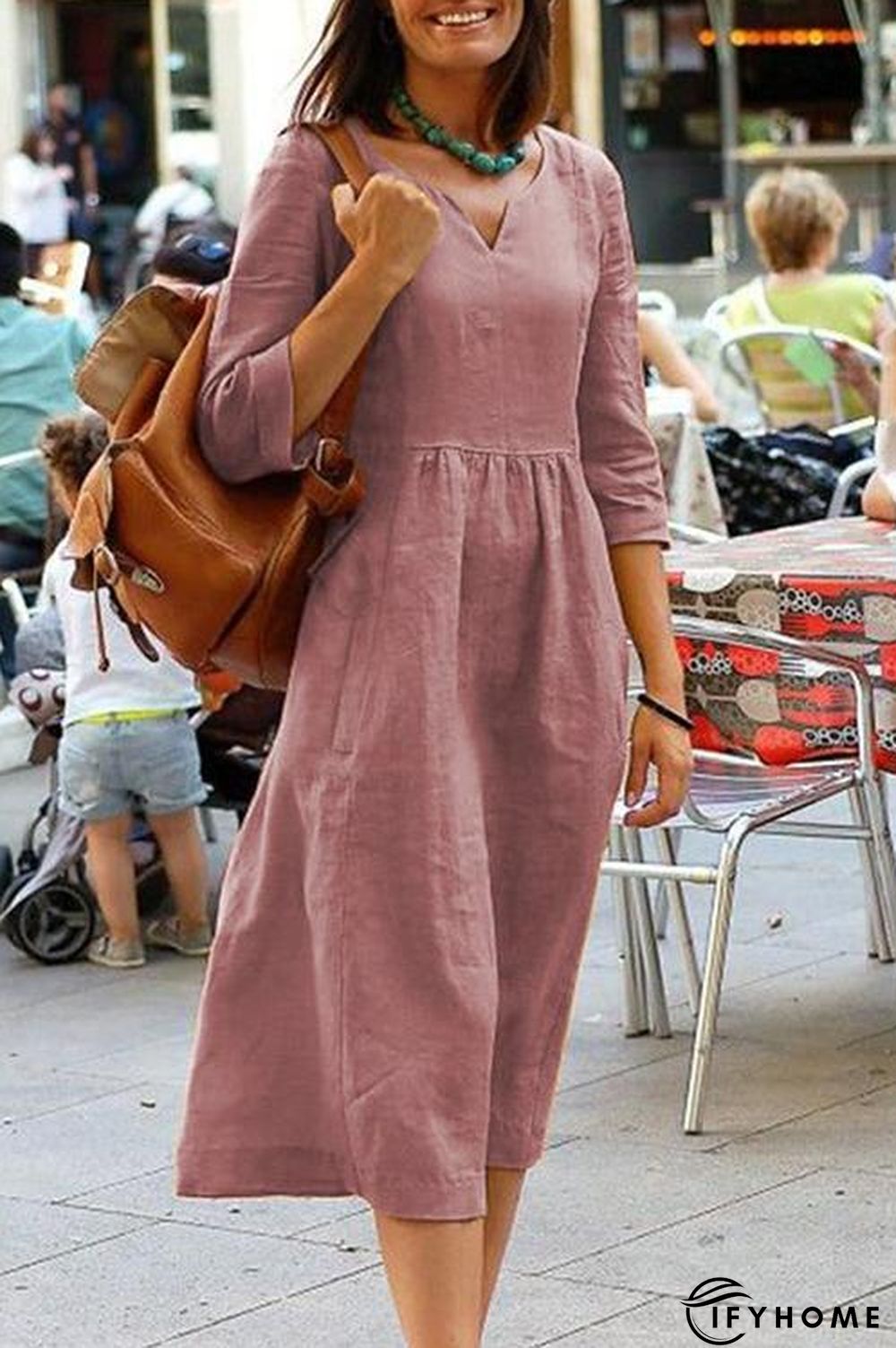 Linen V Neck Seven Sleeves Midi Dress | IFYHOME