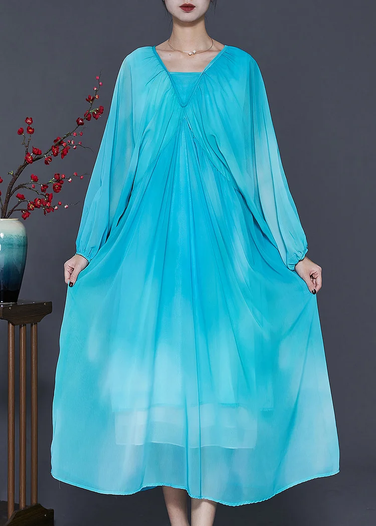 Women Lake Blue Oversized Tie Dye Chiffon Dresses Spring