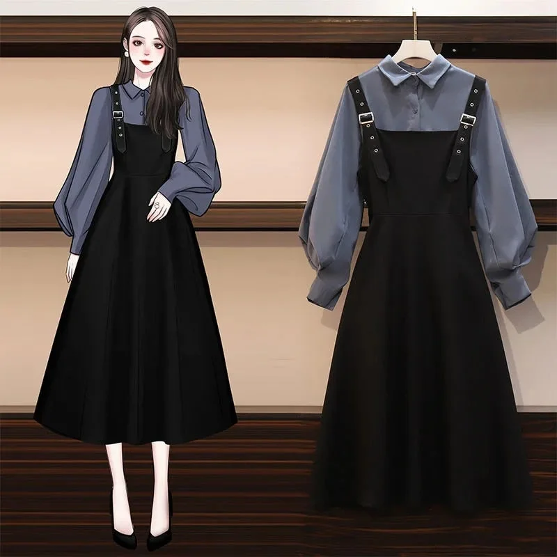 Autumn suit sling dress female large size new fashion casual lantern sleeve shirt mid-length black sling dress two-piece suit