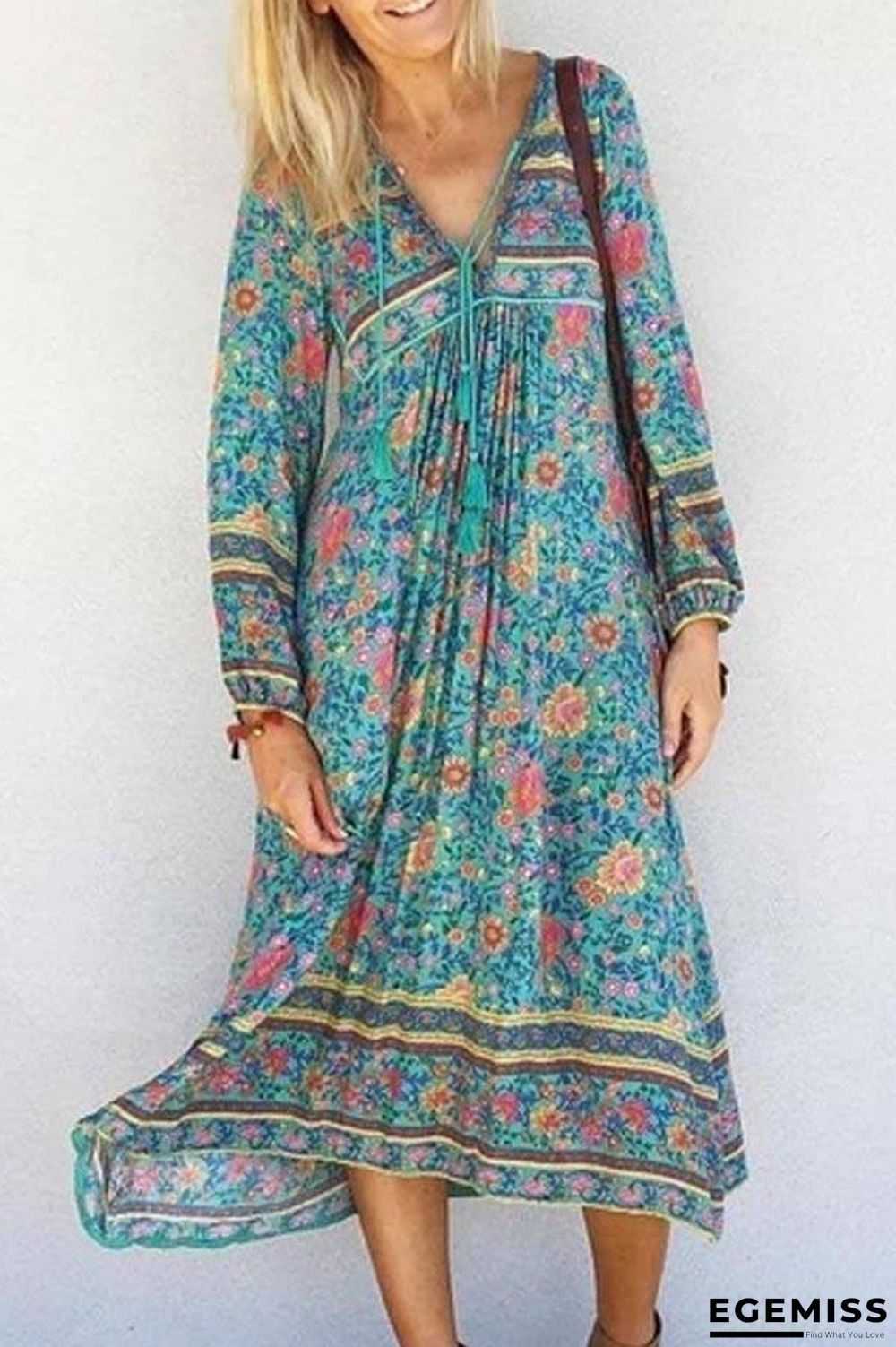 Bohemian Floral Print V-neck Balloon Sleeves Holiday Midi Dress | EGEMISS