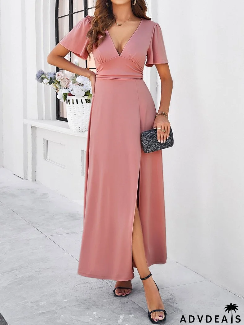 Women Spring/Summer Solid Chic V Neck Dress