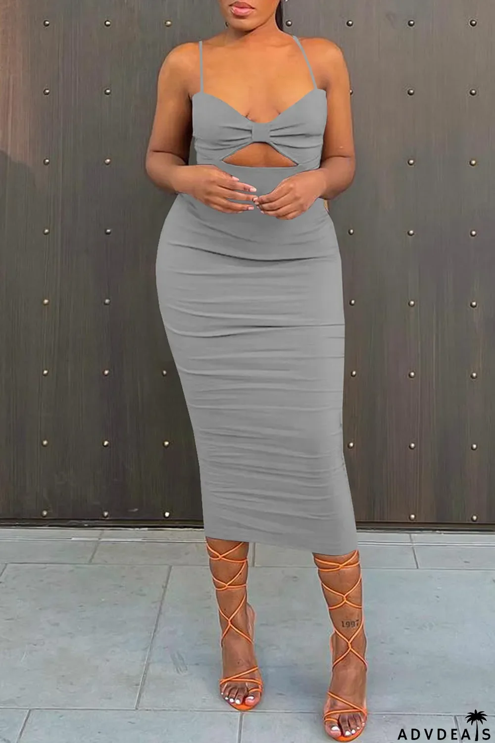 Coffee Sexy Solid Split Joint Spaghetti Strap Sling Dress Dresses