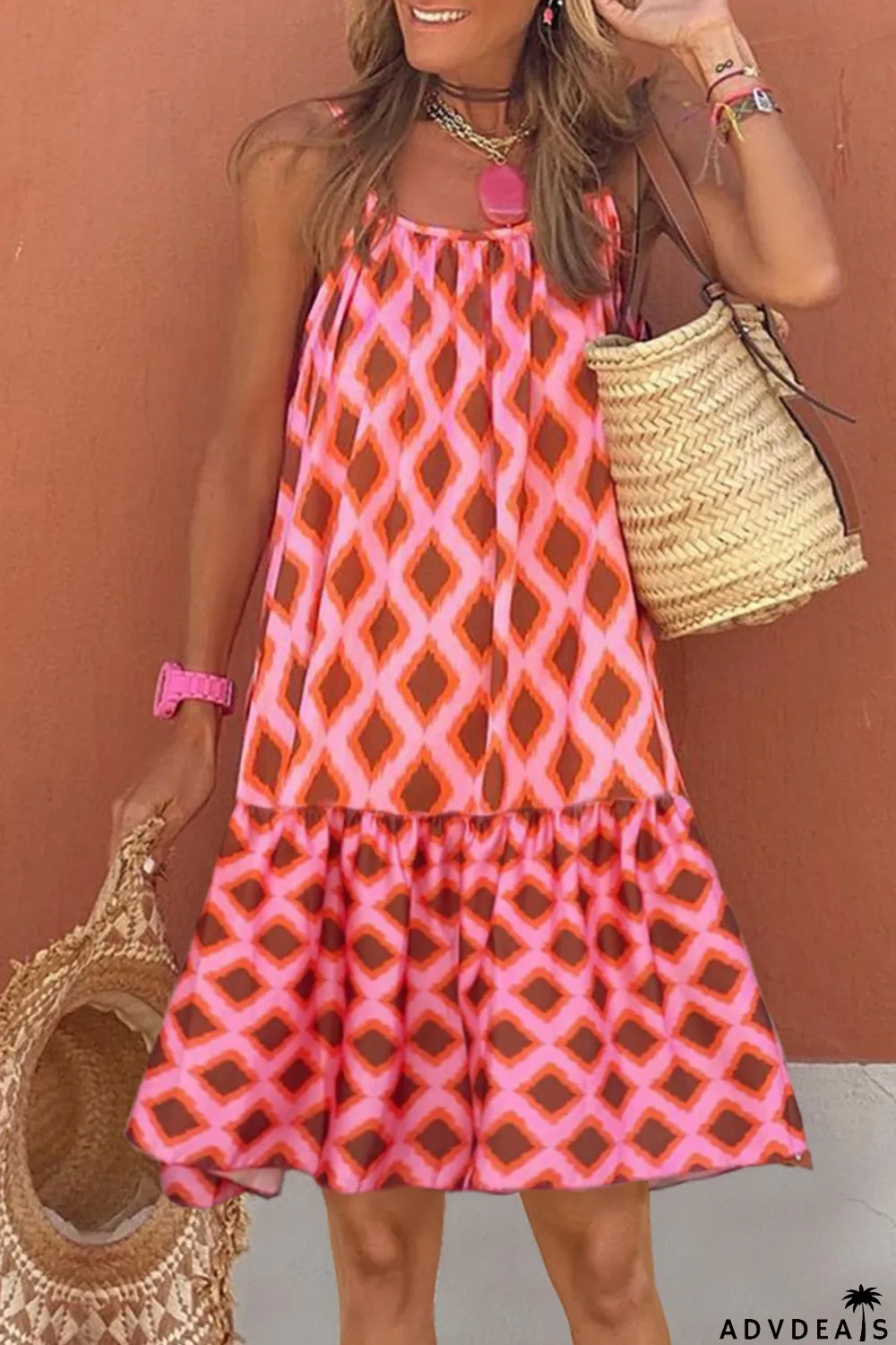 Geometric Print Spaghetti Straps Ruffle Hem Dress