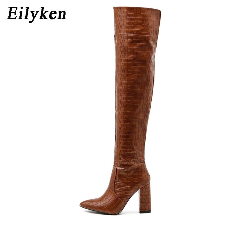 Eilyken Embossed Women High Heel Boots Designer Chunky Heel Shoes Microfiber Leather Long Boots Over-the-Knee Botas Mujer 2022