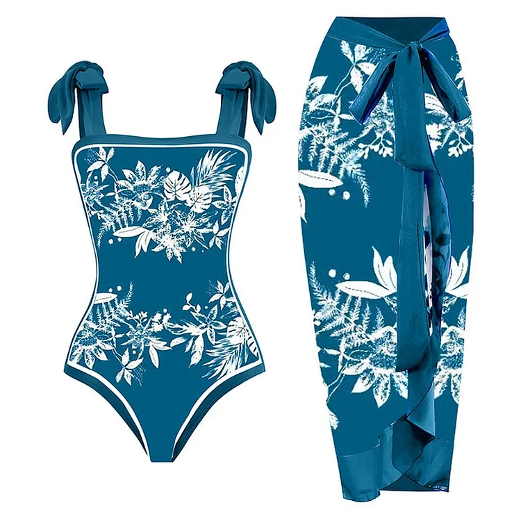 Tie-shoulder Printed One Piece Swimsuit and Sarong Flaxmaker