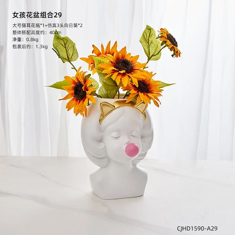Nordic style girl flower pot plant resin flower pot rabbit ear/cat ear girl potted modern living room decoration decoration gift