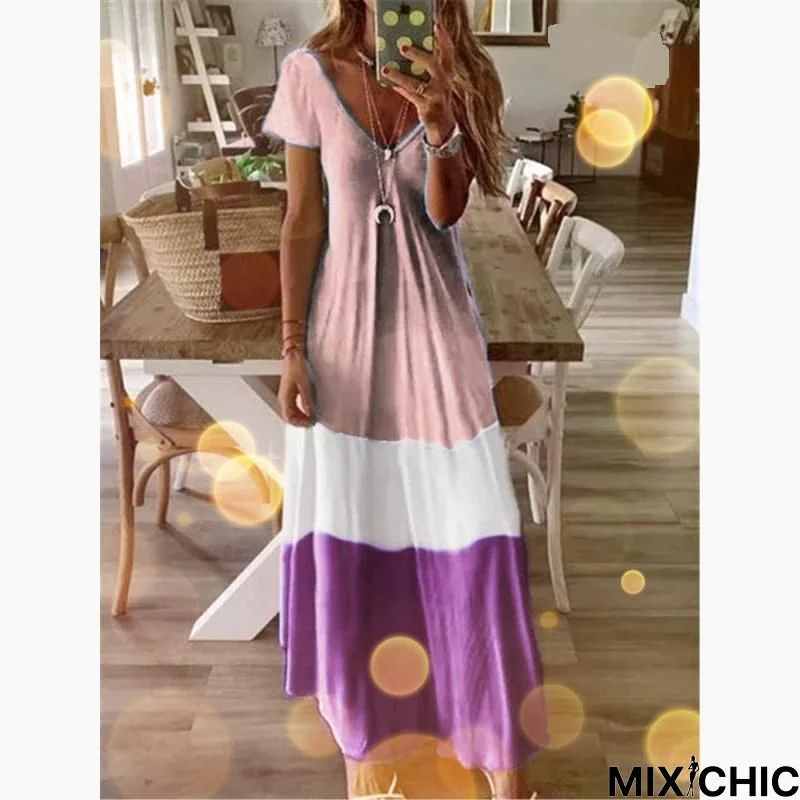 Women's Gradient V-Neck Short Sleeve Print Dress Bohemian Loose Long Skirt