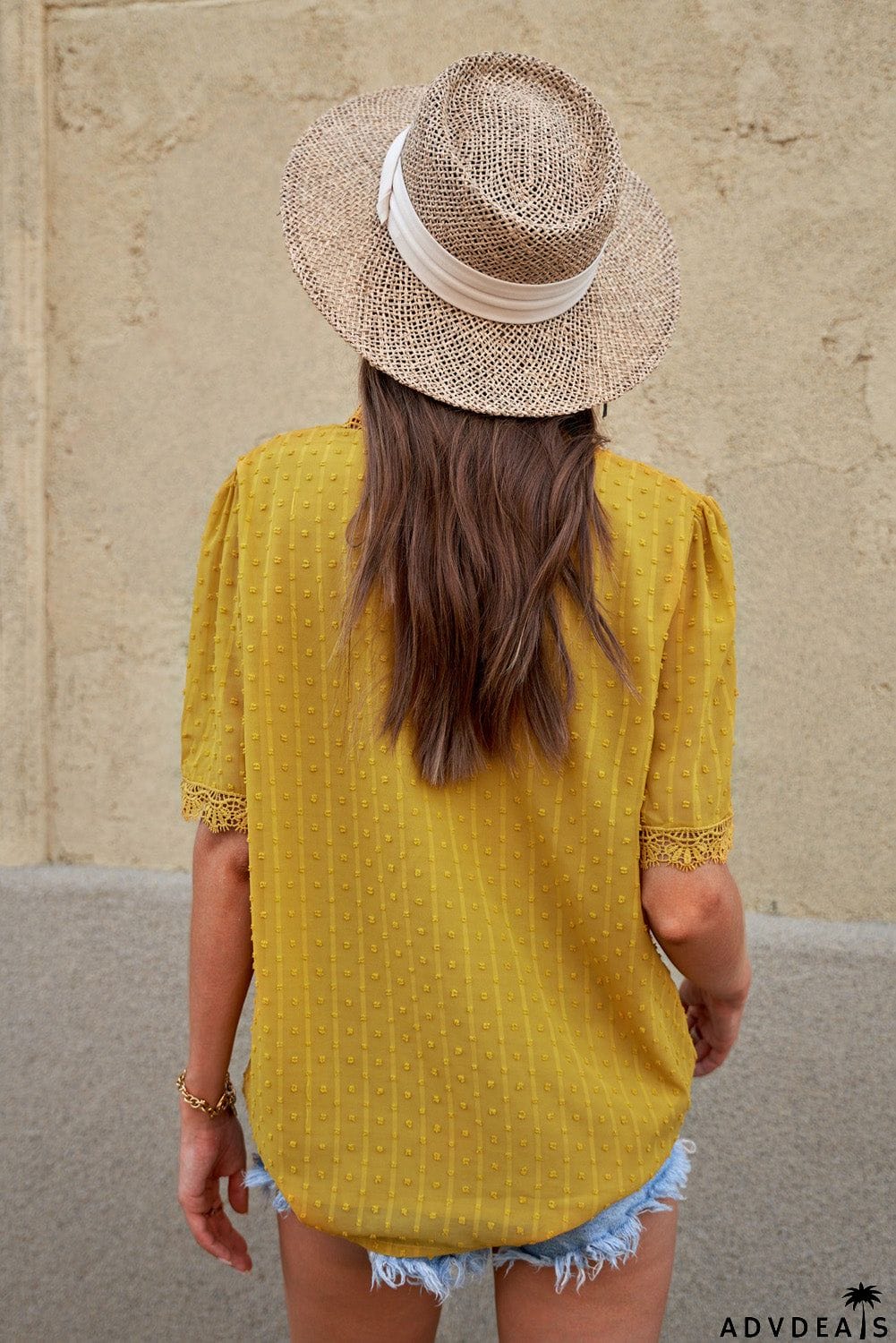 Chic Yellow Lace Splicing V-Neck Swiss Dot Short Sleeve Blouse