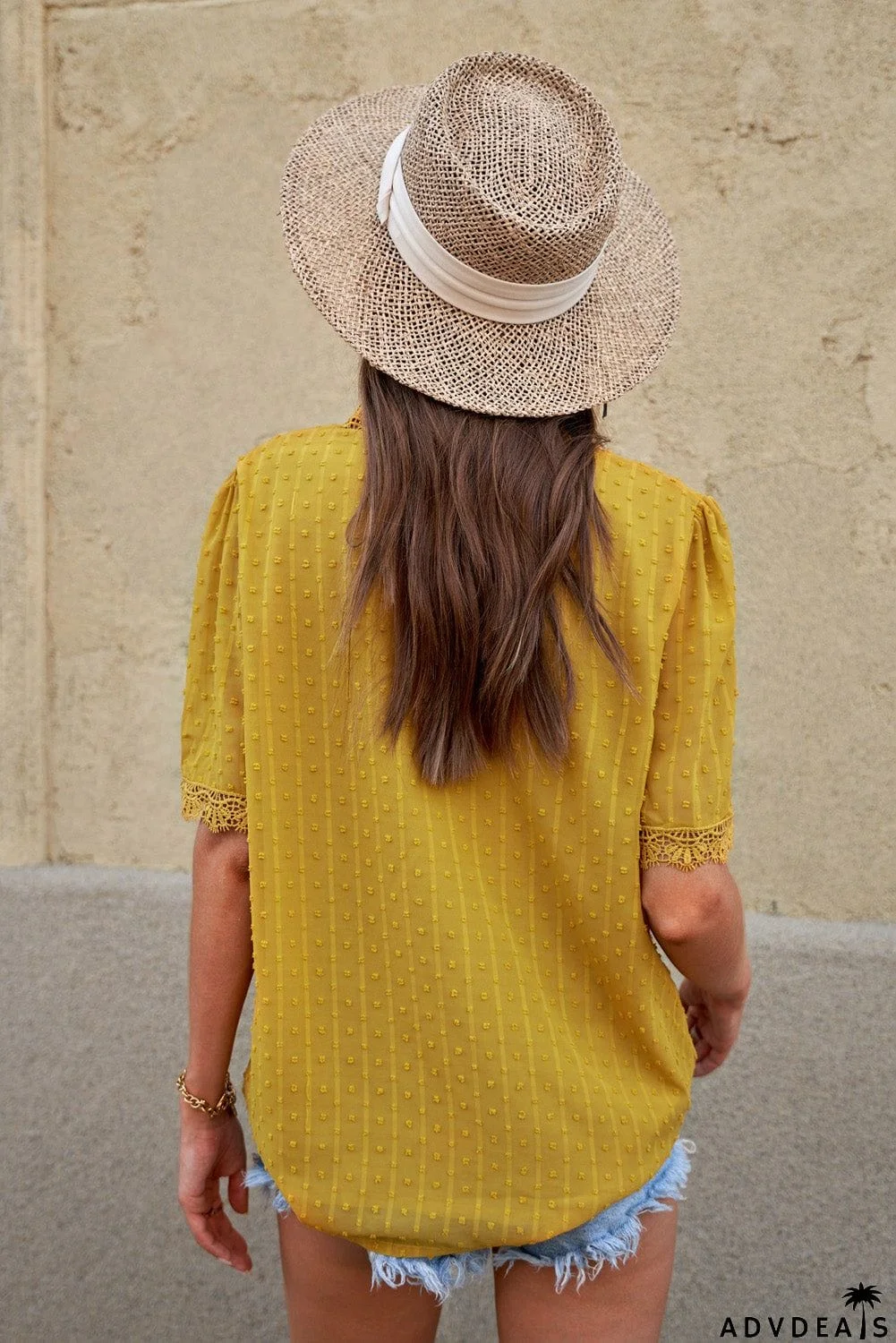 Chic Yellow Lace Splicing V-Neck Swiss Dot Short Sleeve Blouse
