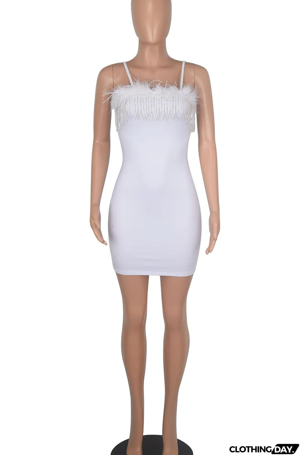 White Sexy Solid Patchwork Feathers Chains Spaghetti Strap Pencil Skirt Dresses