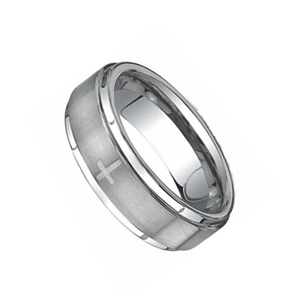 4MM 6MM 8MM 10MM Mens Silver Tungsten Carbide Center Brushed Cross Laser Wedding Bands