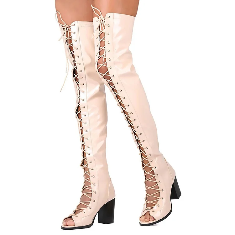 Beige Patent Leather Peep Toe Block Heel Lace Up Thigh High Boots |FSJ Shoes