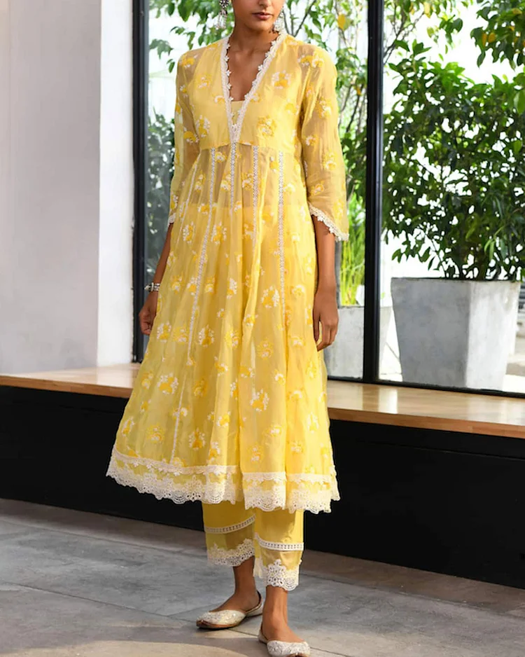 Embroidered Stirling Flower Anarkali And Pants Two-Piece Set For Women