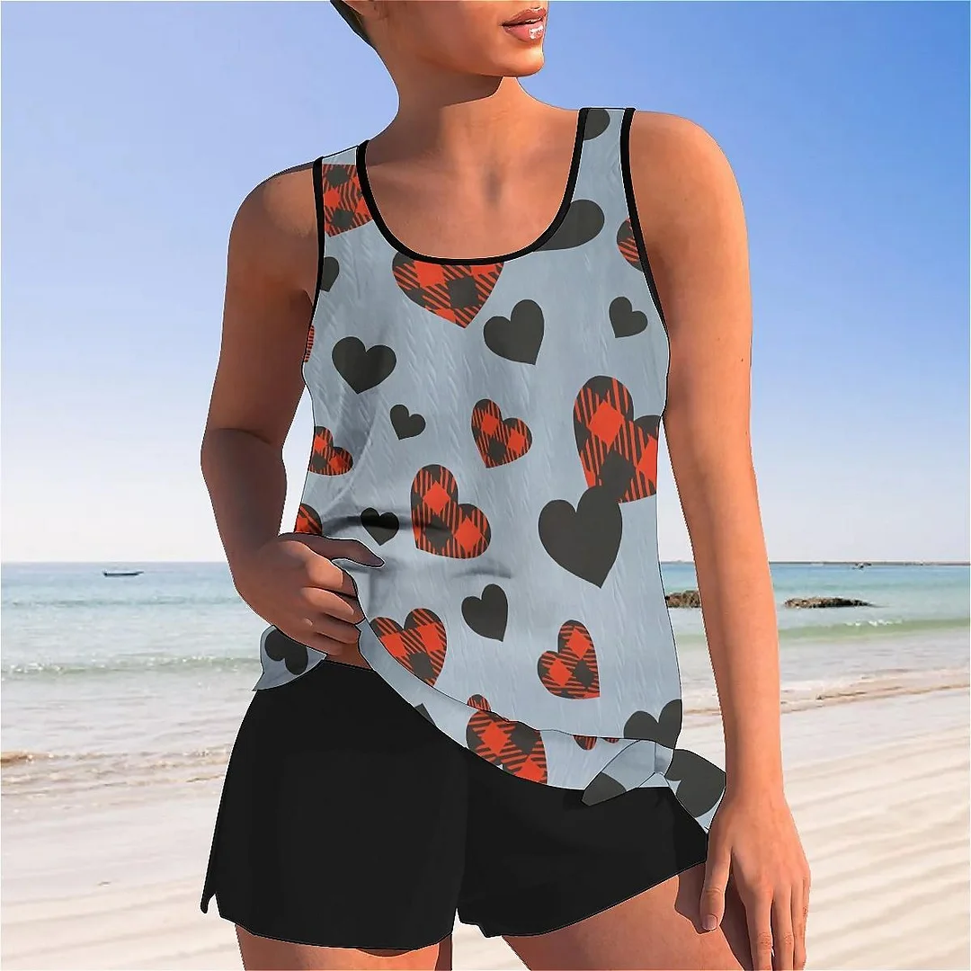 Bowknot Heart,Love,Valentine's Day Mid Waisted Tankini Set - Plus Size Available