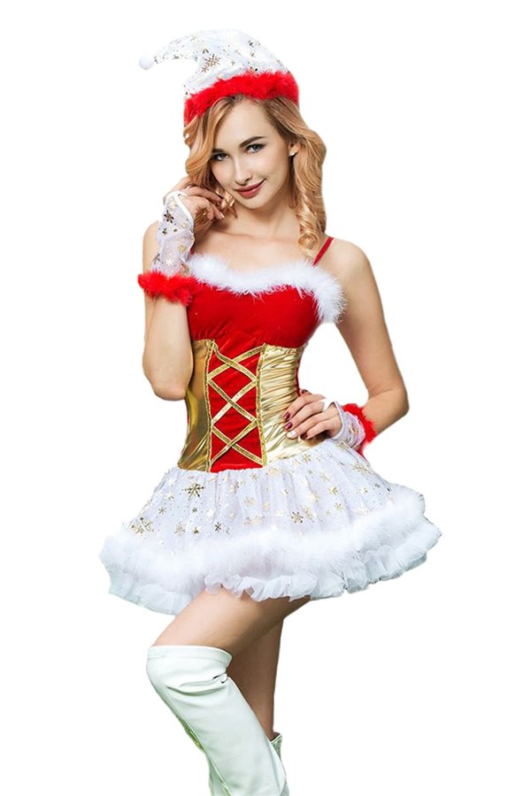 Sexy Spaghetti Straps Santa Dress Christmas Costume Red-elleschic
