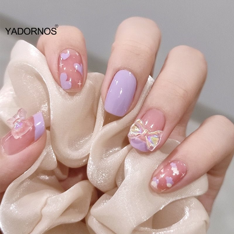 24pcs Purple Clouds Printed Nail Patch Glue Type Removable Short Paragraph Fashion Manicure Save Time False Nail Patch TY