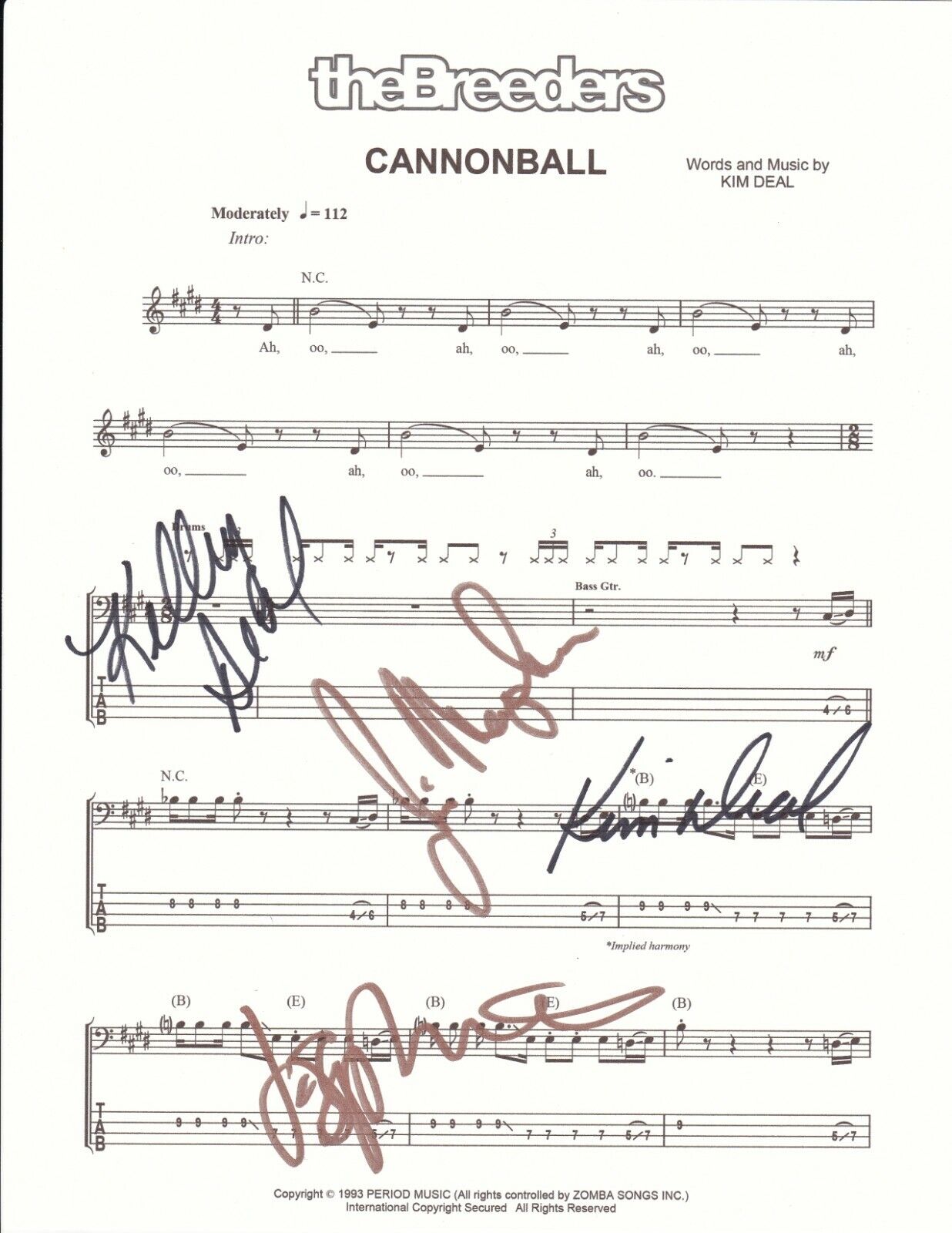 The Breeders REAL hand SIGNED Cannonball Sheet Music COA Autographed all 4