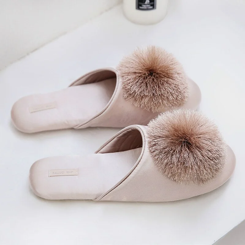 Qengg Quality Elegant Silk Fringe Ball Pink Comfortable Home Slippers Breathable Indoor Mute Non-slip Home Slippers Women