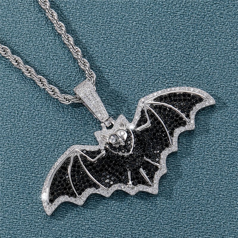 Bling Black Bats Silver Black Pendant Necklace-VESSFUL