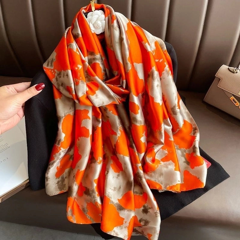 Women’s Fashion Letter Plaid Satin Printing Silk Scarves