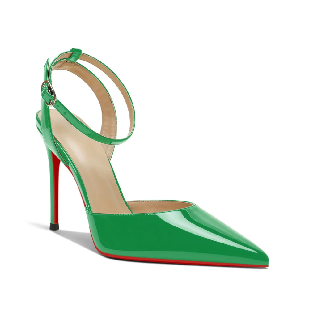 100mm Women's Slingback Ankle Buckle Pointed Toe Red Bottom Wedding Party High Heels-MERUMOTE