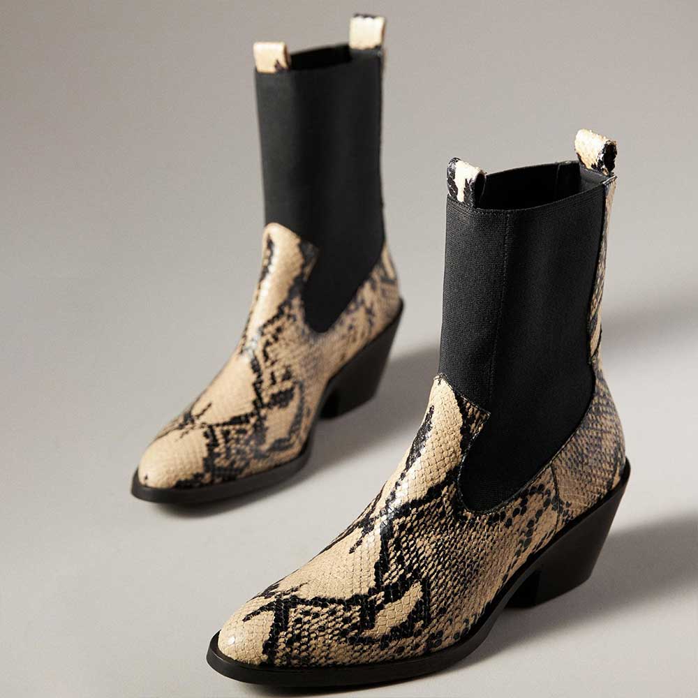 Black Python Embossed Patchwork Ankle Boots with Chunky Heel Nicepairs
