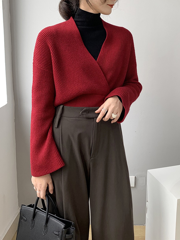 Long Sleeves Asymmetric Solid Color V-Neck Knitwear Pullovers Sweater