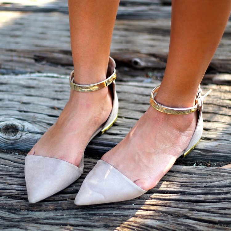 Women's White Pointy Toe Golden Ankle Strap Comfortable Flats |FSJ Shoes