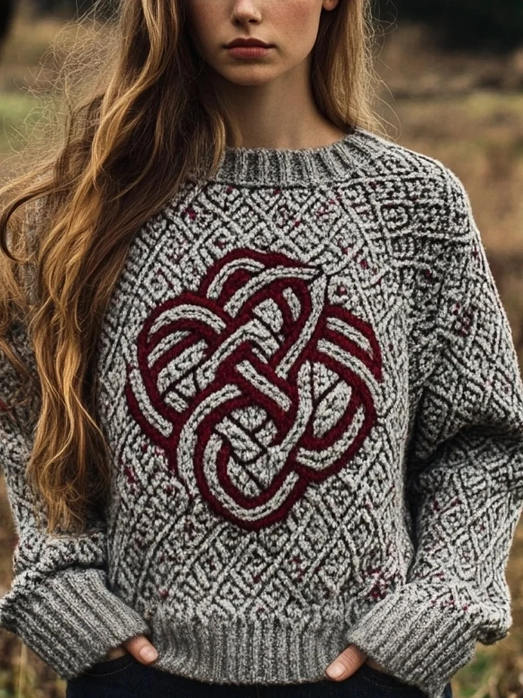 Vintage Celtic Knot Knitted Crew Neck Cozy Sweater
