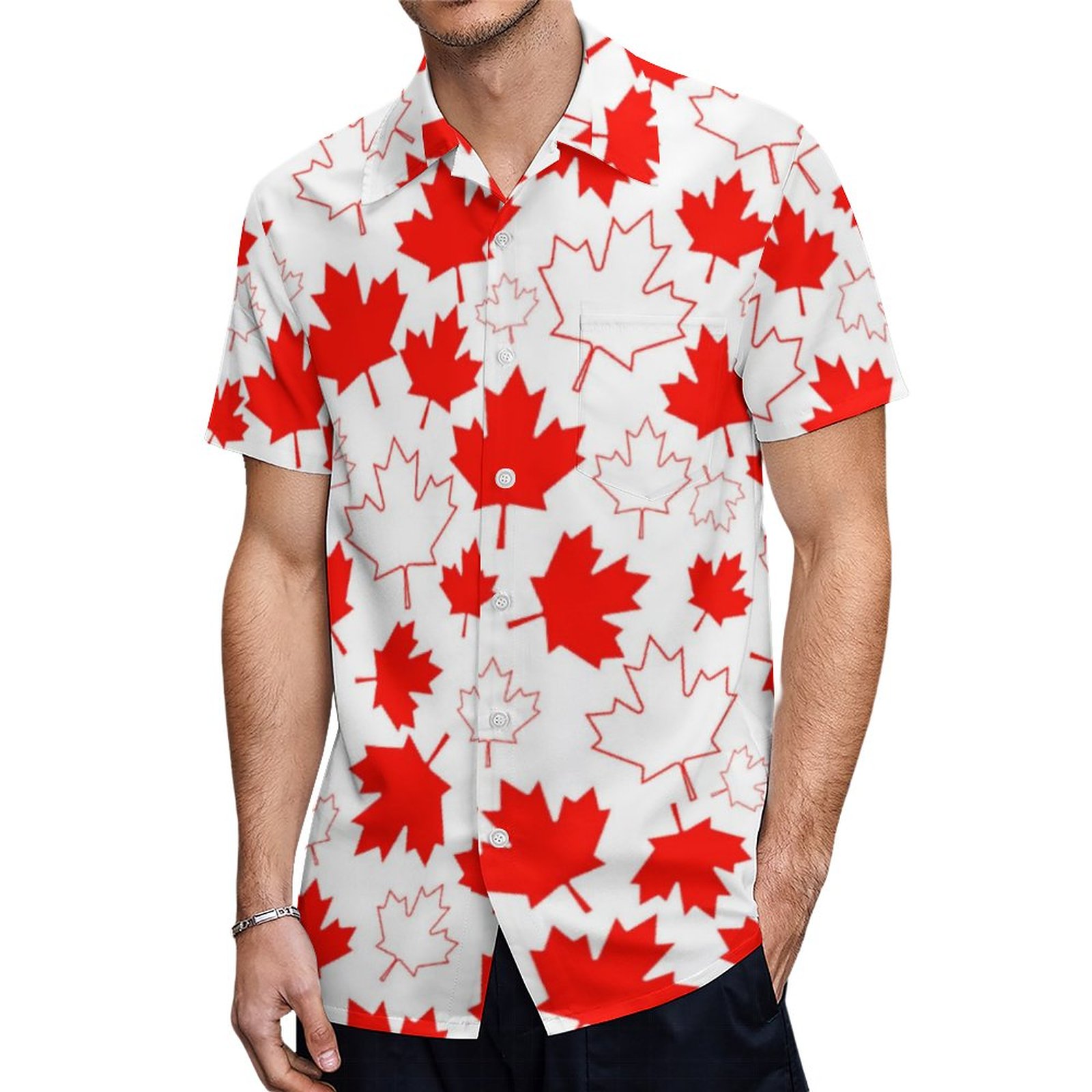 Canada Maple Leaf Red White Random Pattern Hawaiian Shirt Mens Button Down Tropical Hawaii Beach Shirts