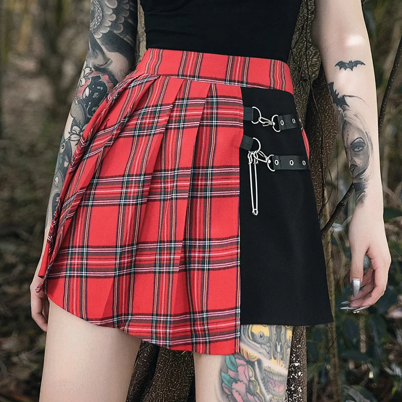 Women's belt plaid irregular two-color skirt short skirt Techwear Shop