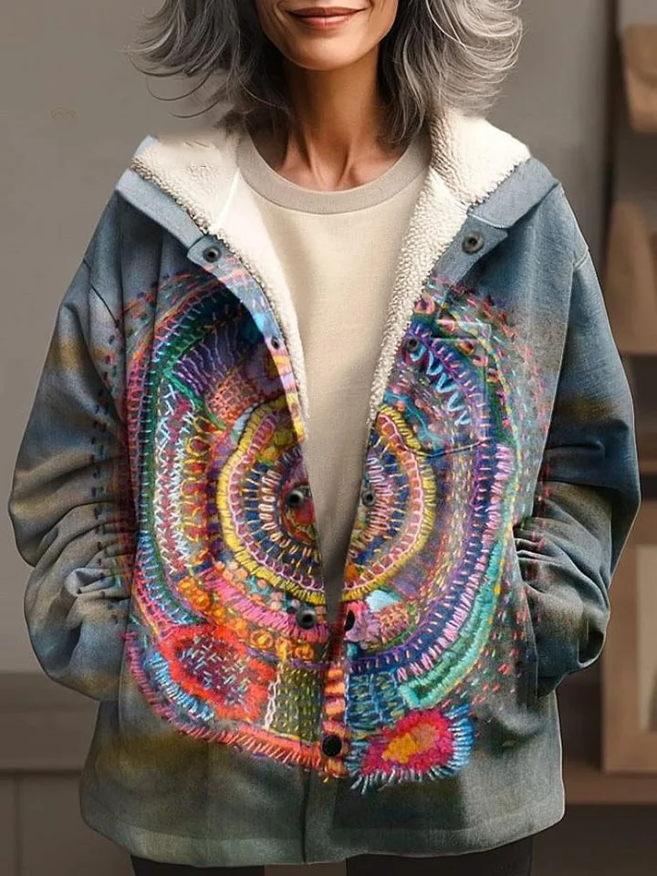 Retro Floral Print Waffle Plush Thick Long-Sleeved Hooded Coat