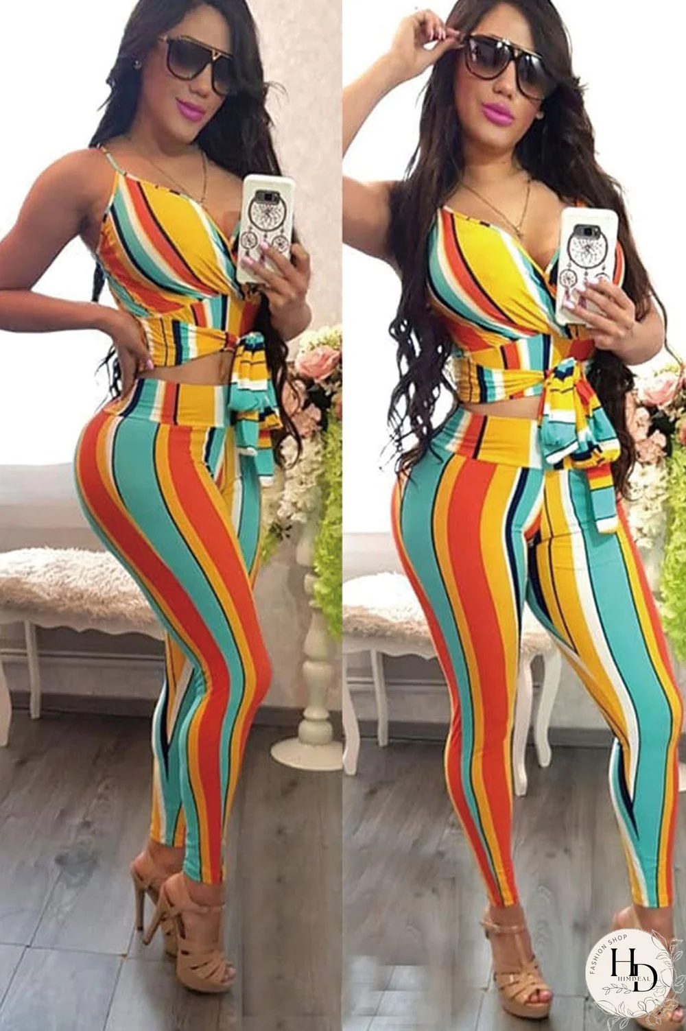 Multi-color Polyester Fashion Sexy Print asymmetrical Patchwork backless pencil Two-piece Pants Set