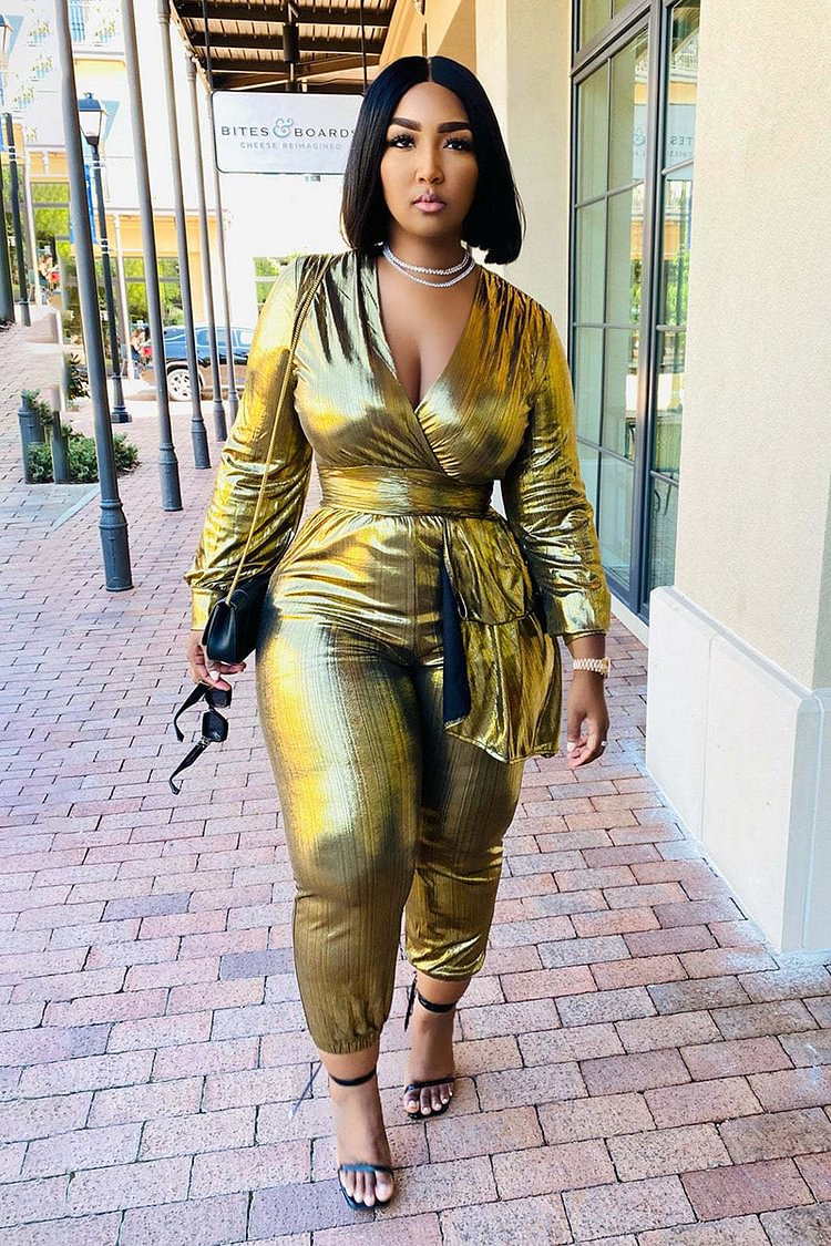 Metallic Peplum V Neck Long Sleeve Jumpsuit