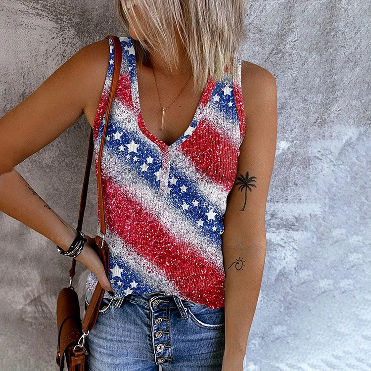 Wearshes American Flag Patriotic V Neck Casual Tank Tops