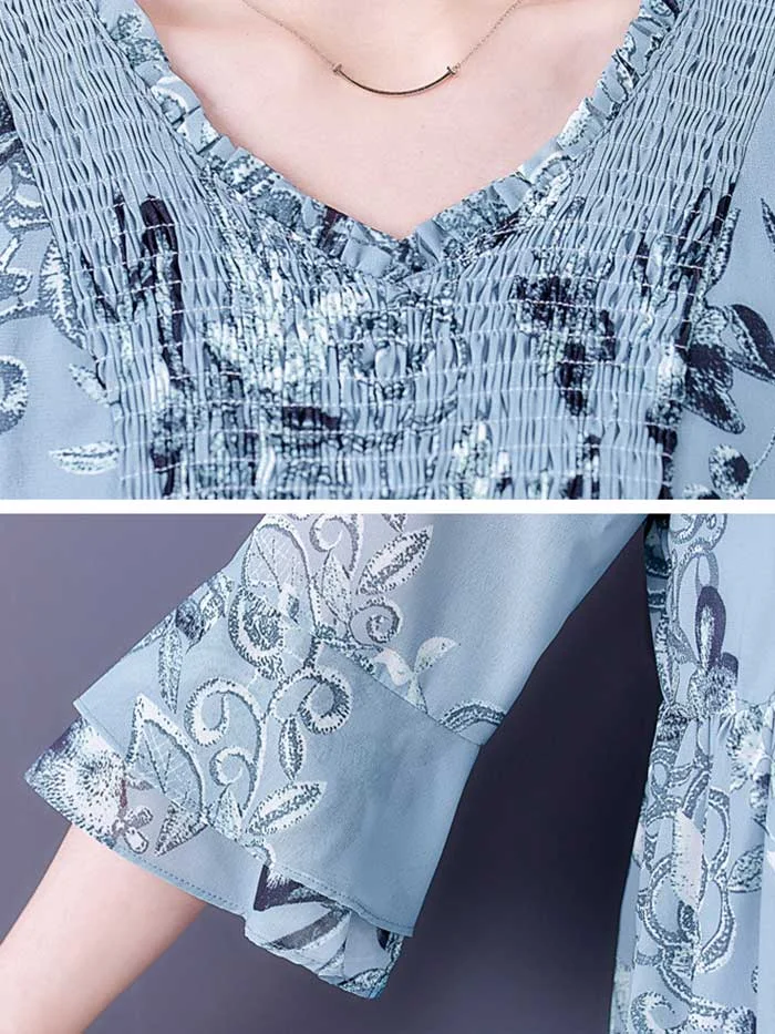 Women's new chiffon print v-neck ruffle dress